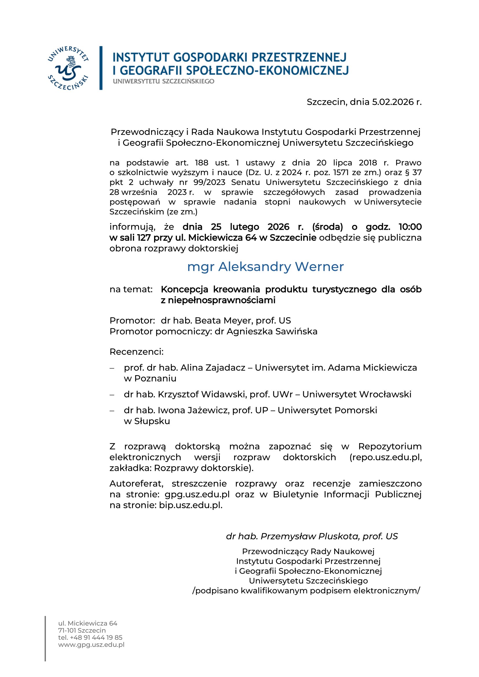 Publiczna obrona rozprawy doktorskiej mgr Aleksandry Werner
