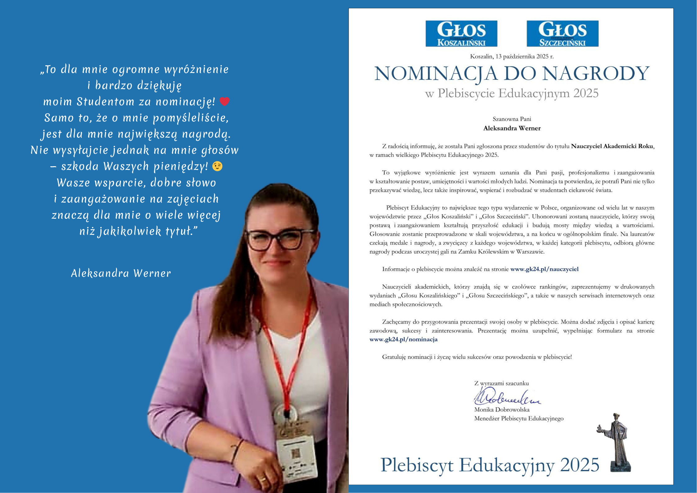 Mgr Aleksandra Werner została nominowana przez studentów do Plebiscytu Edukacyjnego 2025!