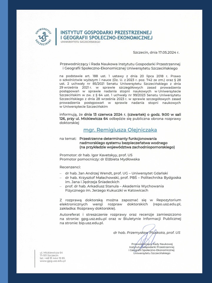 Zawiadomienie o publicznej obronie mgr. Remigiusza Olejniczaka